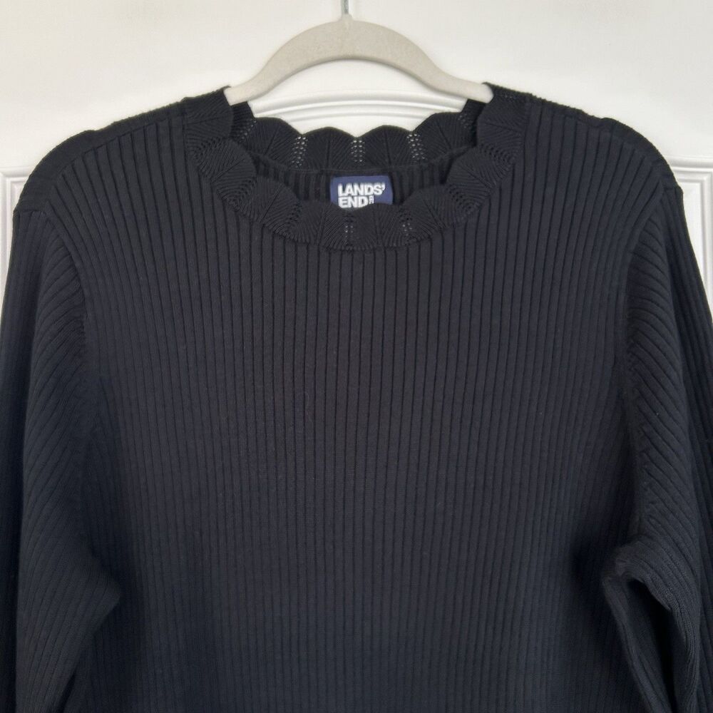 Lands End Ribbed Knit Sweater Scalloped Neck Long Sleeve Womens 1X 16-18 Black